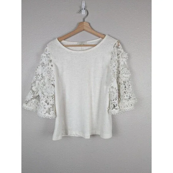 Anthropologie Eli Ari Lace Bell Sleeve Top Blouse White Medium - Picture 2 of 9